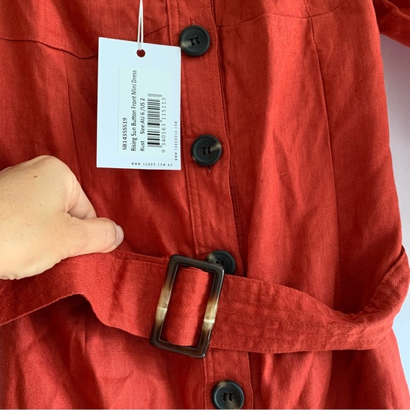 Suboo Rising Sun Button Front Linen Mini Dress brick red - Picture 11 of 13